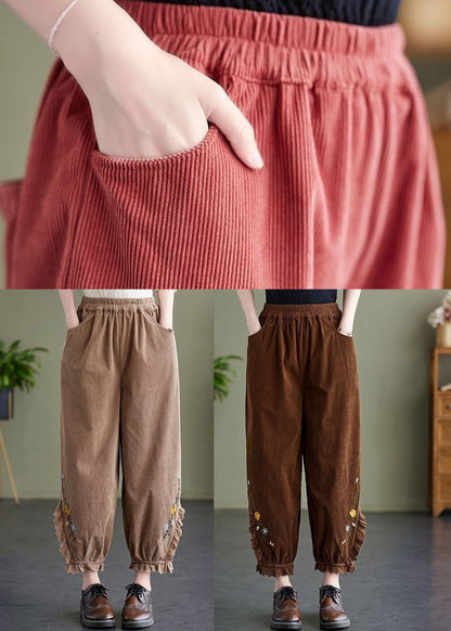 Diy Pink Elastic Waist Embroideried Warm Fleece Corduroy Harem Pants Spring
