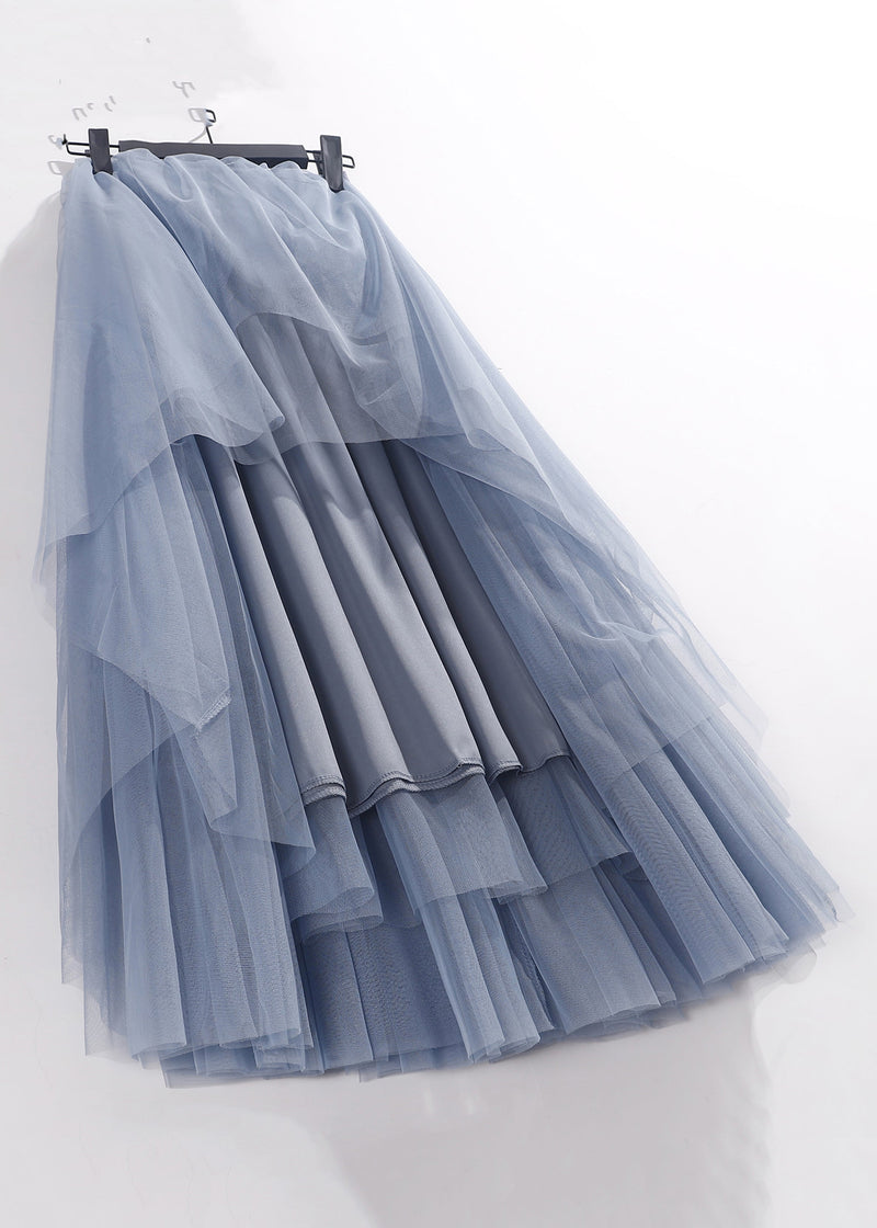 Loose Blue High Waist Tulle Pleated Skirt