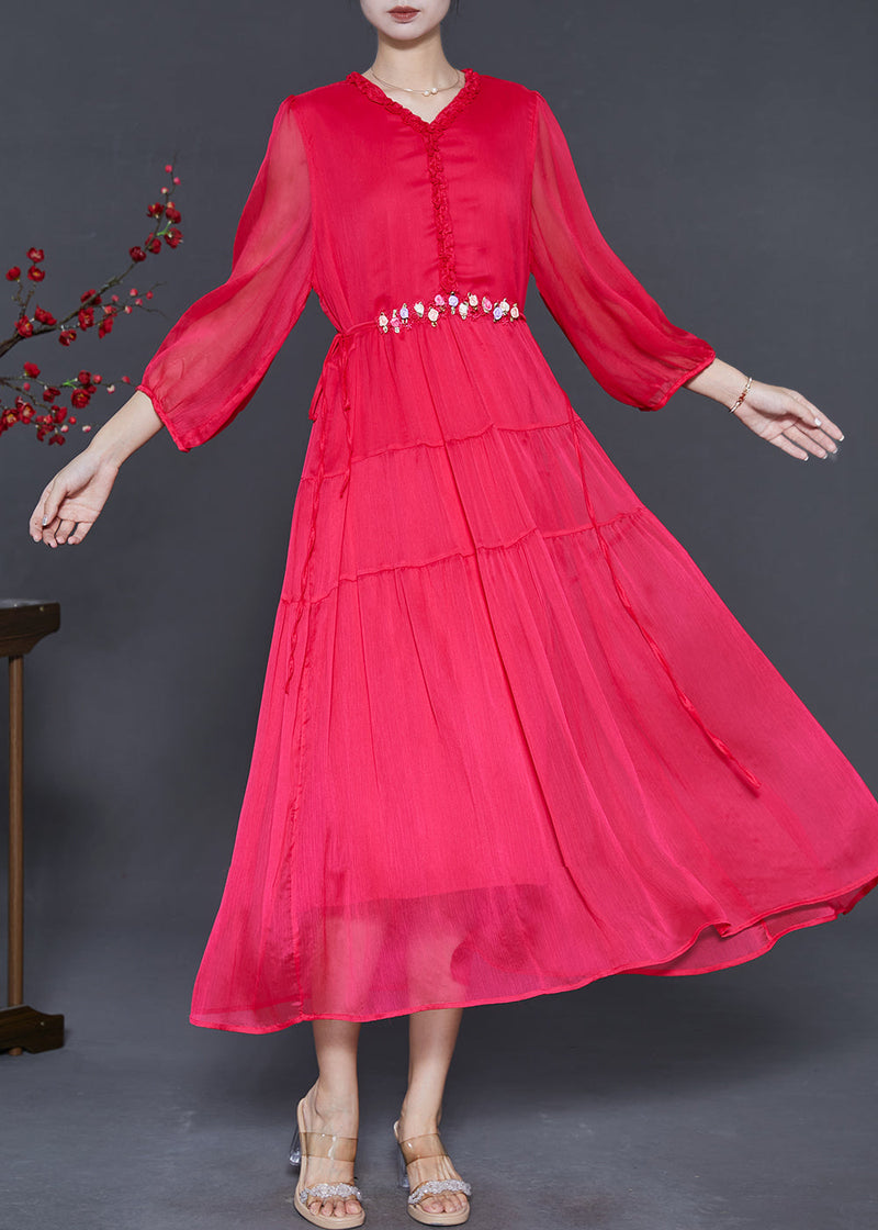 Classy Red Ruffled Silk Beach Dresses Spring