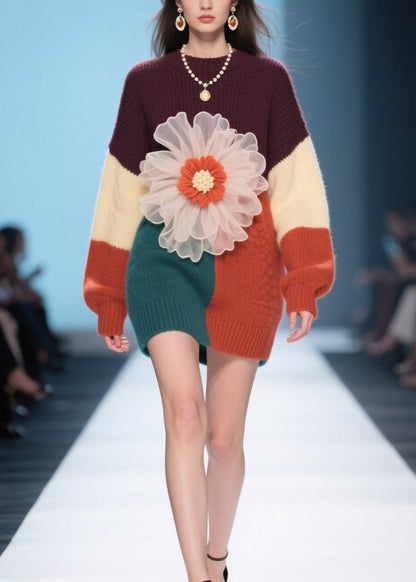 Boutique Colorblock O Neck Knit Sweater Dress Fall