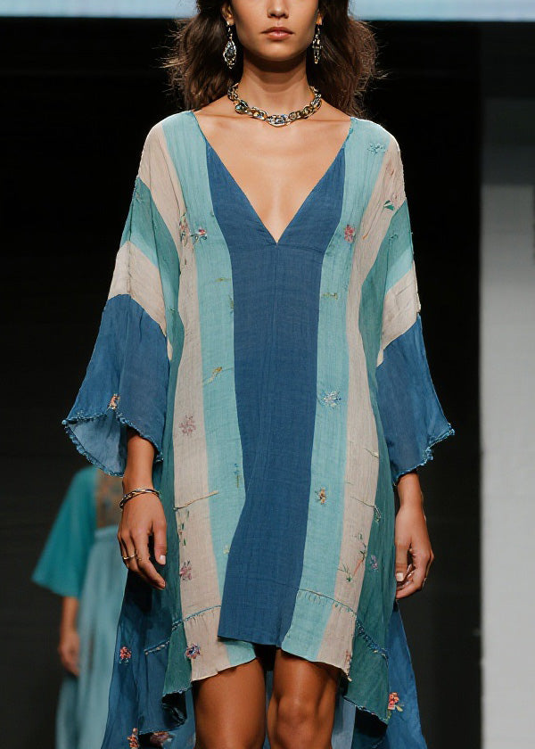 Colorblock V Neck Asymmetrical Cotton Dress Spring