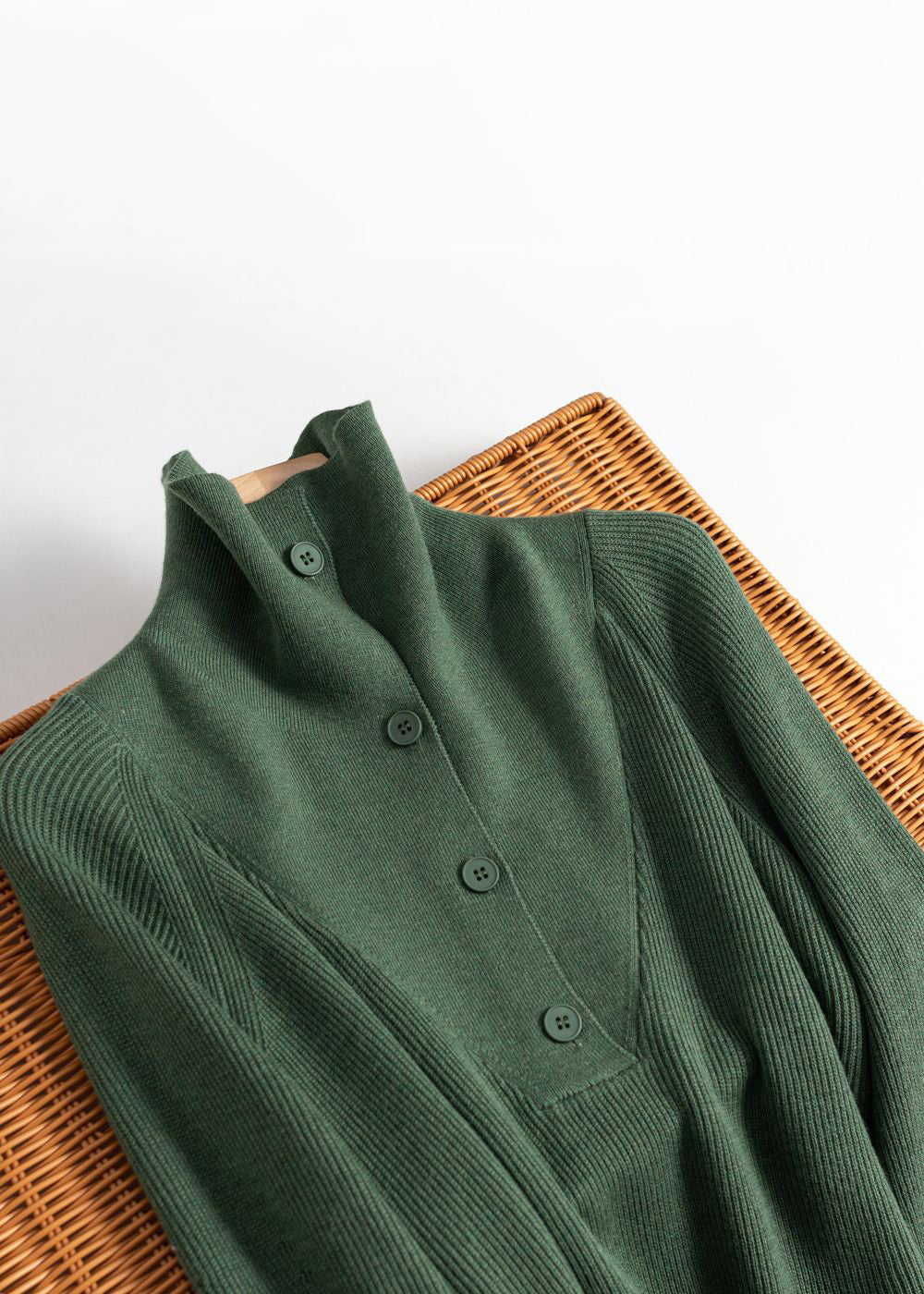 Simple Green Button Wool Knit Top Spring