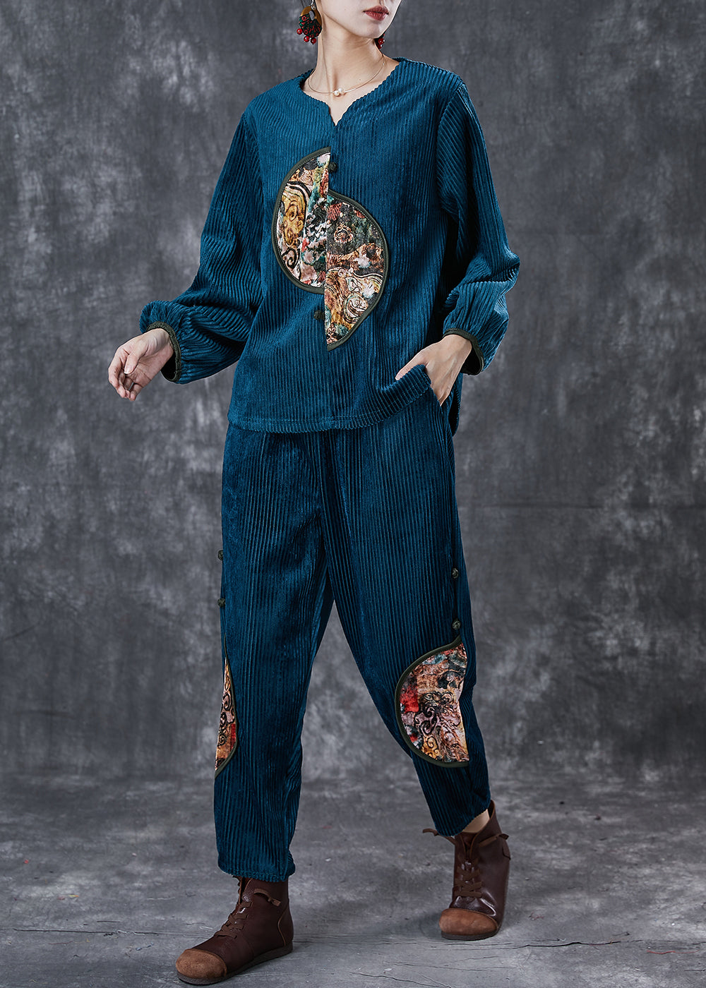 Peacock Blue Patchwork Corduroy Two-piece Set Chinese Button Spring