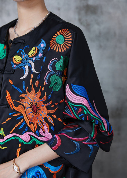 Black Embroidered Chinese Button Silk Coats Fall