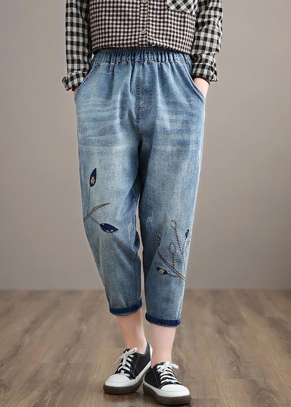Unique Spring Trousers Denim Blue Wardrobes Elastic Waist Leaf Pant