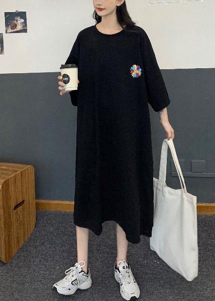 Diy Black Short Sleeve Cotton Sun Flower Summer Dresses