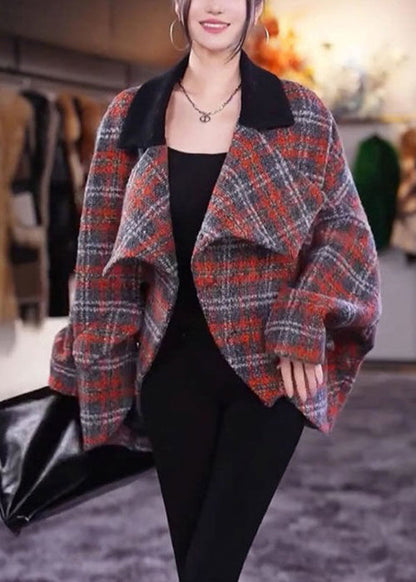 Plaid Peter Pan Collar Pockets Woolen Coats Long Sleeve