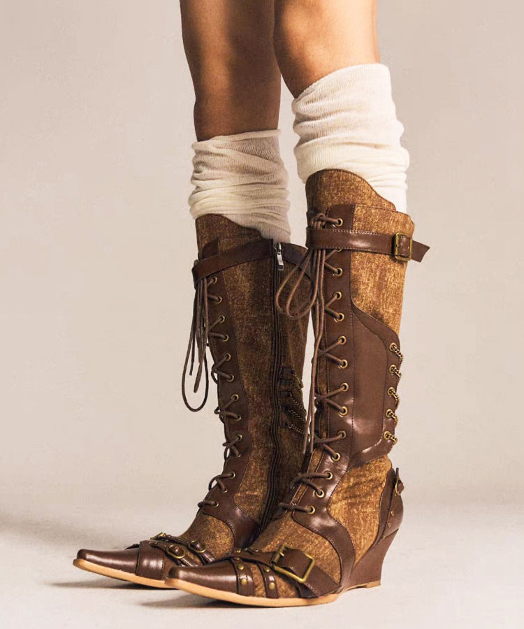 Denim Splicing Lace Up Wedge Boots Brown Cowhide Leather