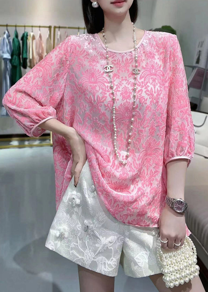 Pink O-neck Silk Velour Patchwork Chiffon T Shirt Fall