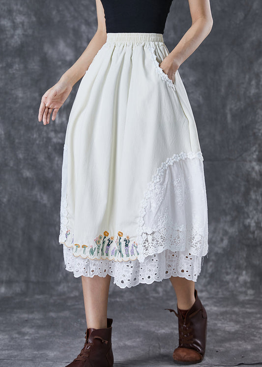 Handmade Beige Embroideried Patchwork Cotton Skirt Fall