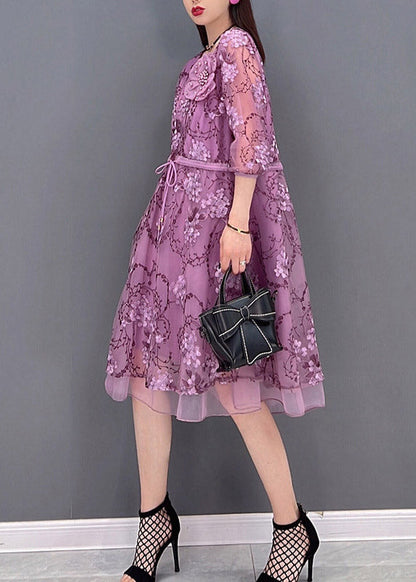 Purple O-neck Print Tie Waist Tulle Patchwork Chiffon Dresses Three Quarter Sleeve