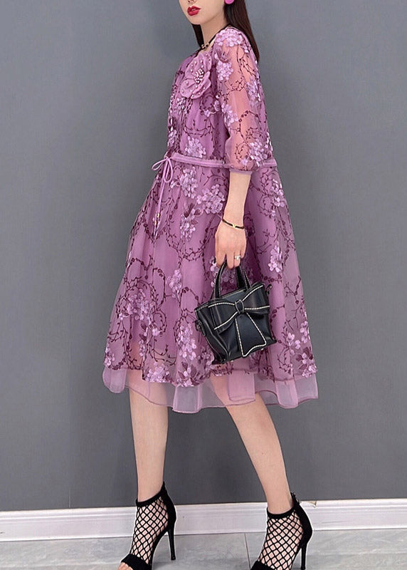 Purple O-neck Print Tie Waist Tulle Patchwork Chiffon Dresses Three Quarter Sleeve