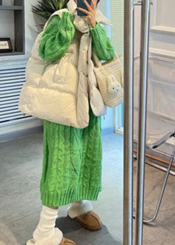 Green O-neck Cozy Cable Cotton Knit Sweaters Dress Fall