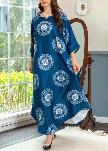 Blue O Neck Print Cotton Maxi Dresses Summer