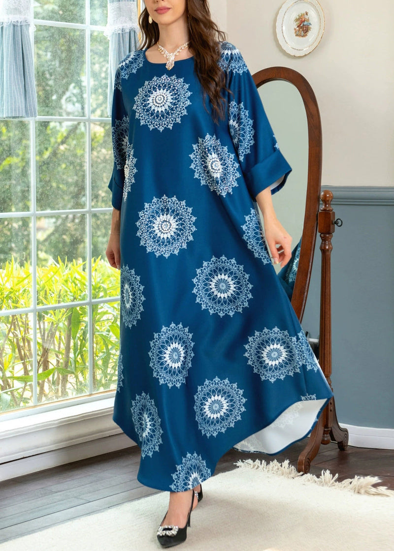 Blue O Neck Print Cotton Maxi Dresses Summer