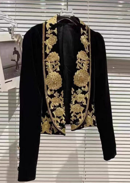 Black Handmade Embroideried Velour Coats Spring