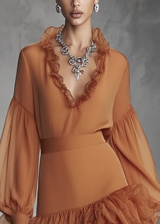 Italian Caramel Tunic Party Mid Dress V Neck Patchwork Lantern Sleeve