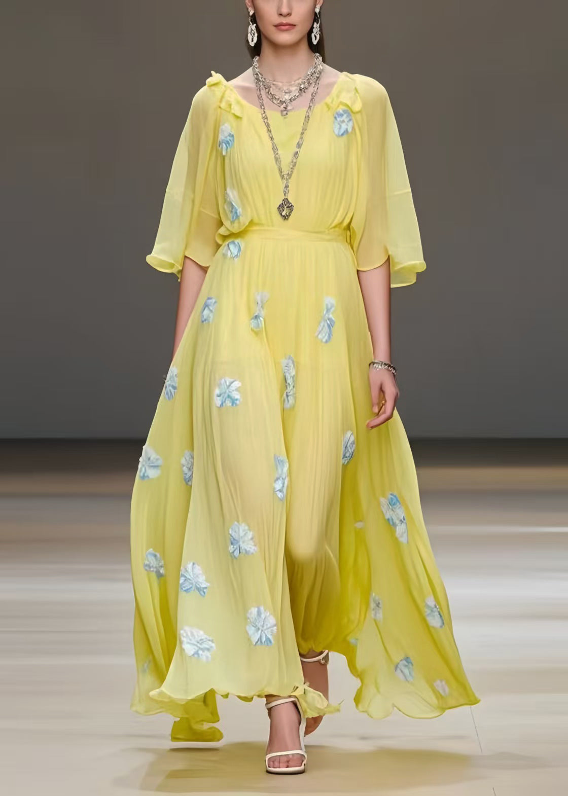 Yellow Print Chiffon Vacation Dress Exra Large Hem Summer