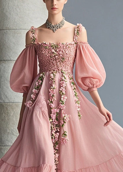 French Pink Cold Shoulder Three-dimensional Chiffon Party Dress Puff Sleeve