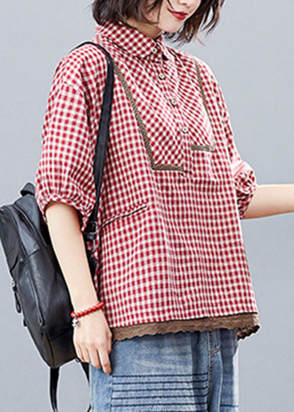 Red Button Peter Pan Collar Shirt Tops Half Sleeve