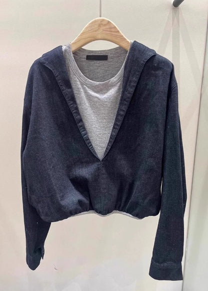 Navy O Neck Patchwork False Two Pieces Cotton Top Spring