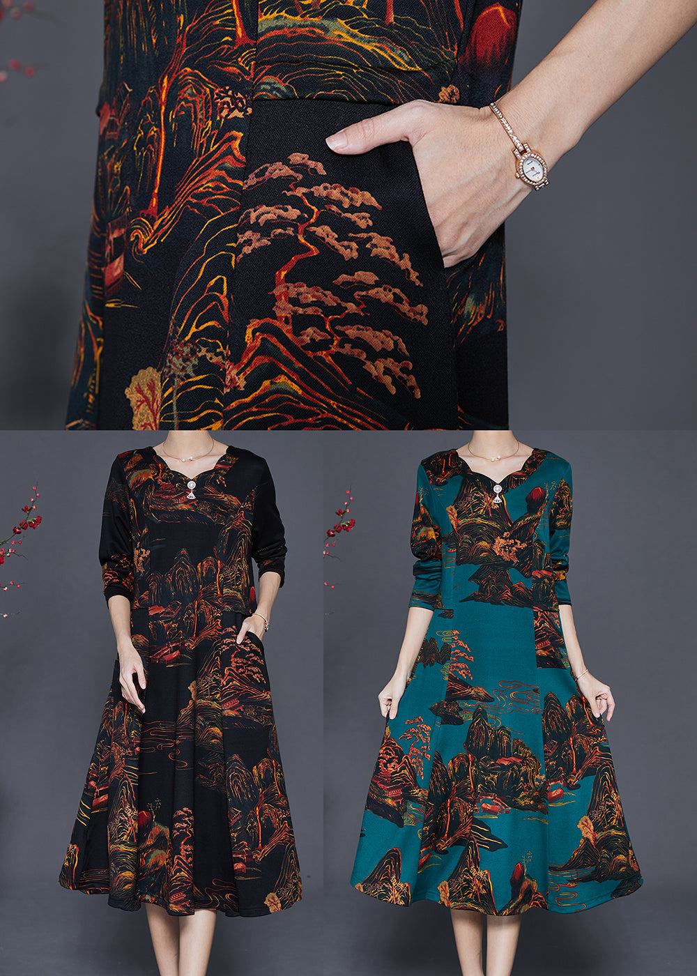 Black Print Exra Large Hem Cotton Maxi Dress Fall
