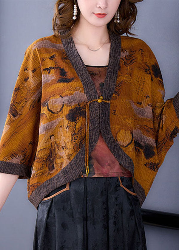 Yellow V Neck Patchwork Silk Upf 50+ Coat Outwear Batwing Sleeve
