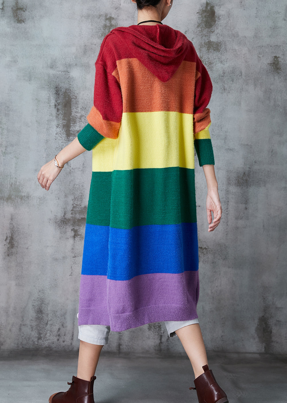 Rainbow Hooded Patchwork Knit Long Cardigans Spring
