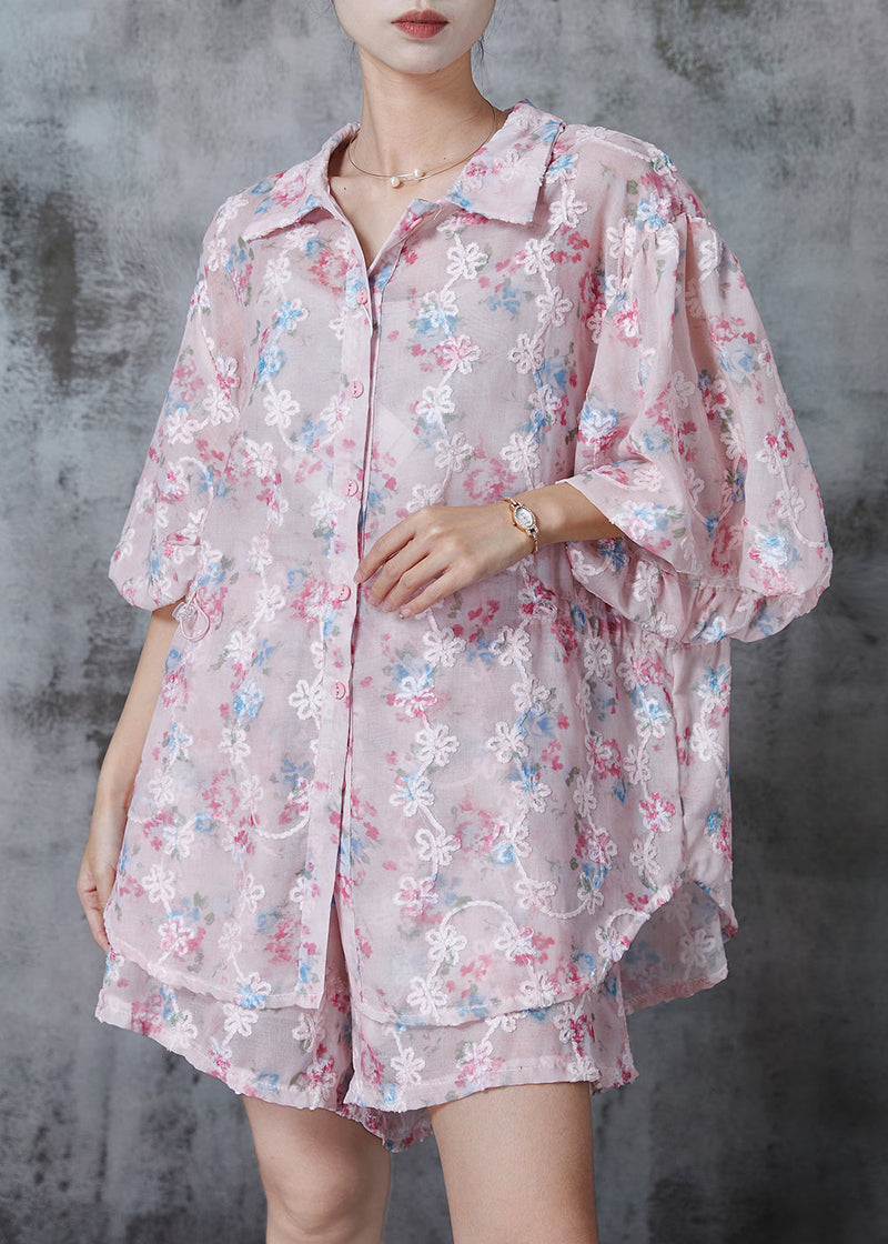 Pink Embroidered Print Chiffon Two Pieces Set Summer