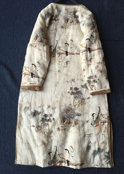 Apricot O Neck Print Linen Fine Cotton Filled Dresses Winter