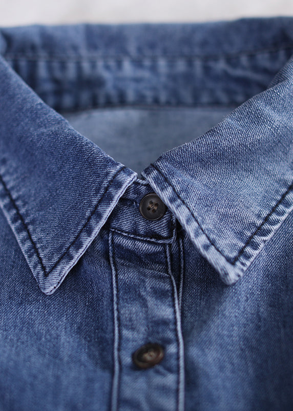 Blue Peter Pan Collar Patchwork Button Denim Shirt Fall