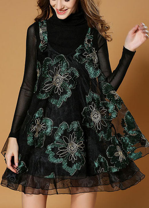 Black Bottomed Shirt + Embroideried Print Dress Fall Two Pieces Set