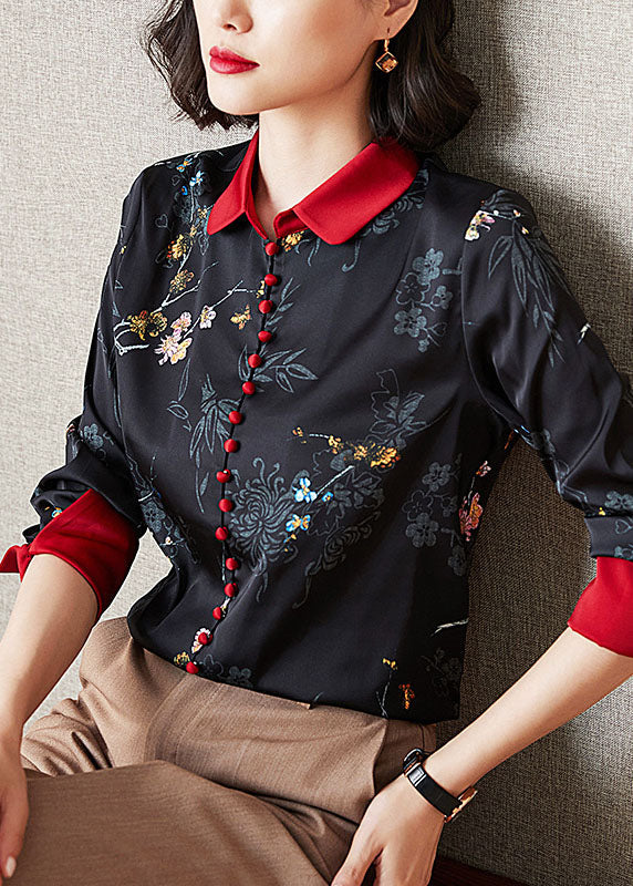Diy Black Button Print Patchwork Fall Long Sleeve Top