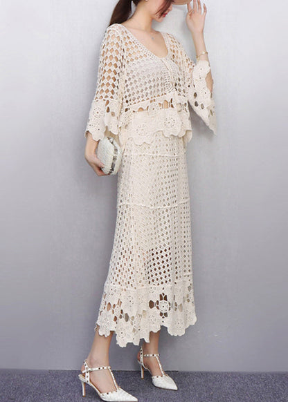 Graceful Beige Hollow Out Crochet Lace Two Pieces Set Fall
