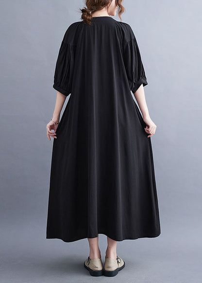 Black Embroideried Lace Up Cotton Maxi Dress Summer