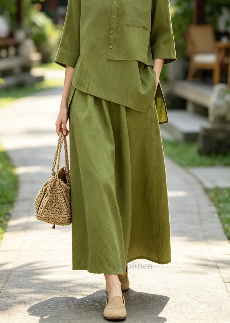 Green Asymmetrical Top and Skirts Cotton 2 Piece Outfit Summer