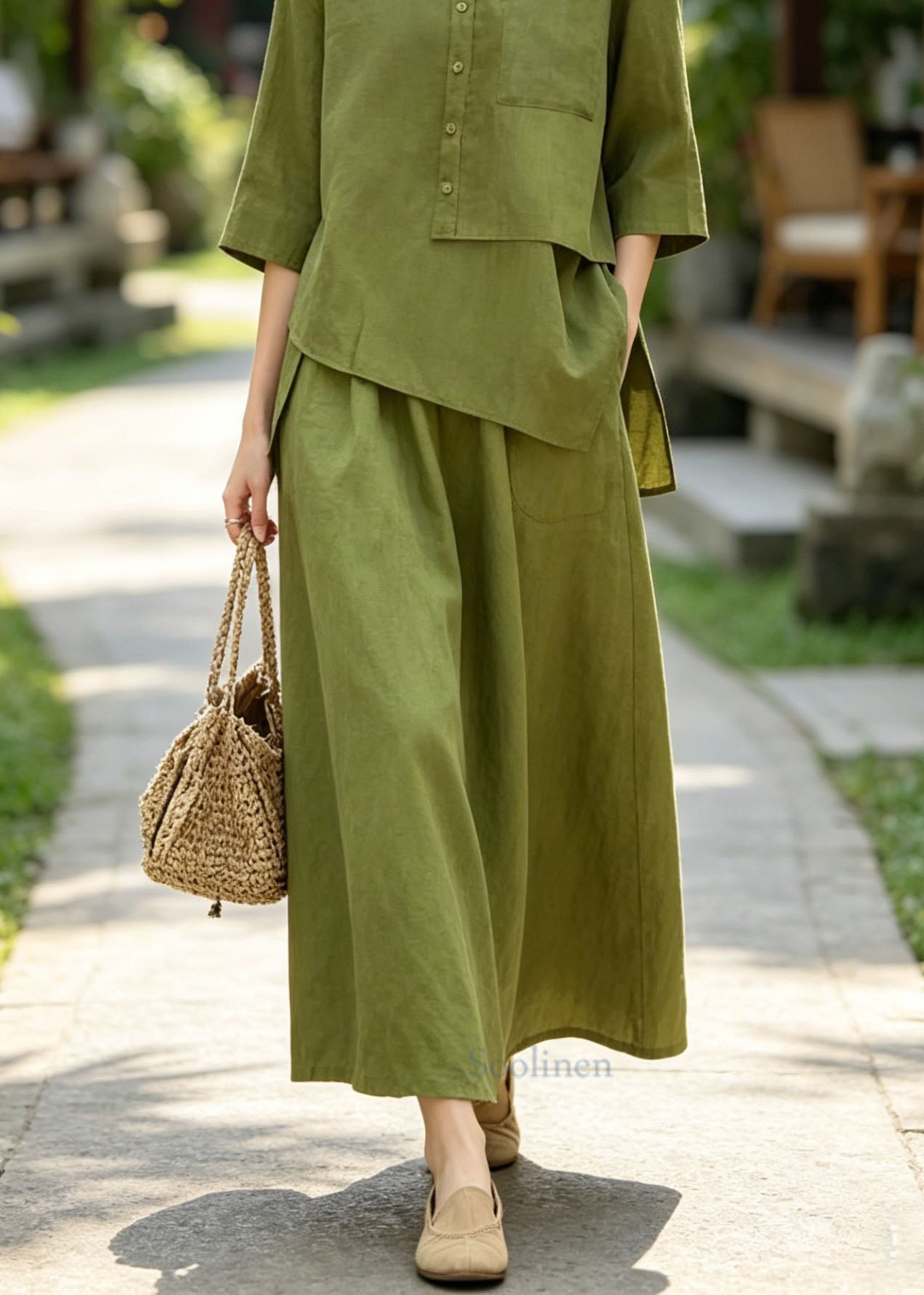 Green Asymmetrical Top and Skirts Cotton 2 Piece Outfit Summer