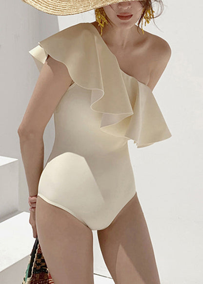 Beige One Shoulder Ruffled Patchwork Cut Out Bodysuits