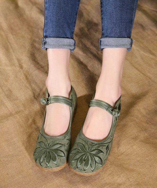 Buckle Strap Flat Feet Shoes Green Embroideried Cotton Fabric