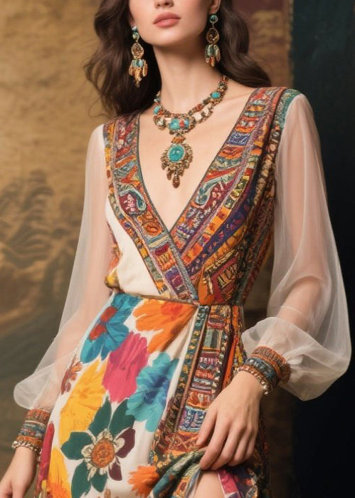 Beige Print Patchwork Tulle Robe Dresses Summer