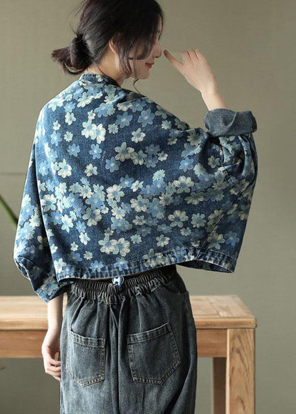 Italian Blue Print Denim Long Sleeve V Neck Top