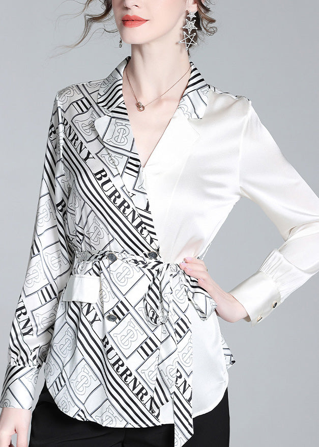 White V Neck Patchwork Print Tie Waist Silk Shirt Long Sleeve
