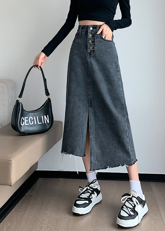 Stylish Black Grey High Waist Side Open Asymmetrical Cotton a Line Skirts Summer