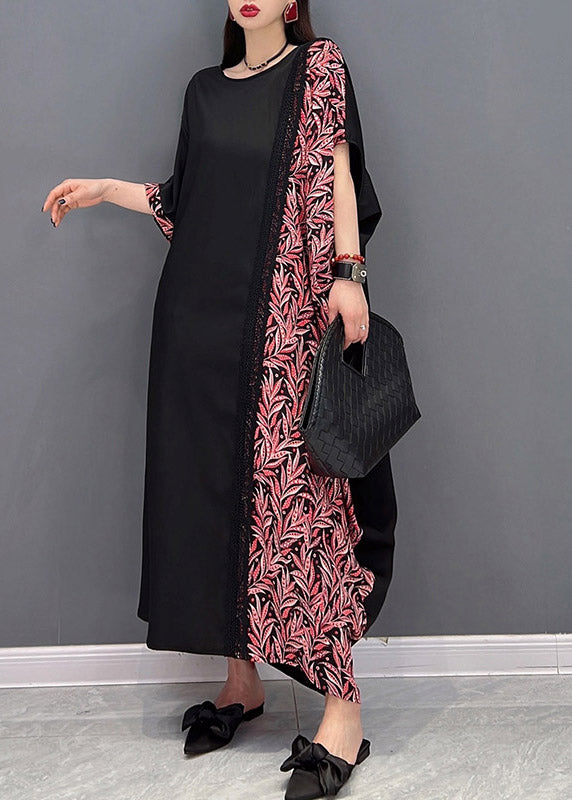 O-neck Asymmetrical Print Patchwork Pockets Dresses Short Sleeve