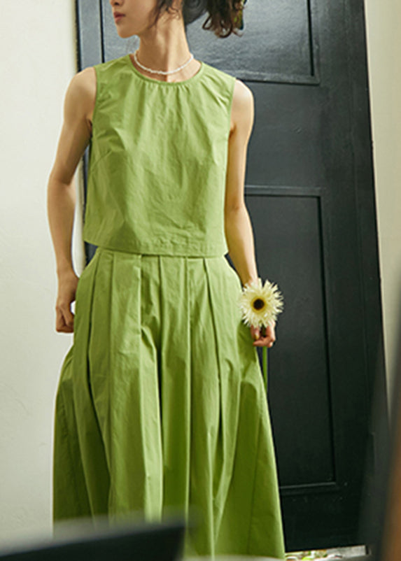 Art Green O-neck Cotton Top and Pleated Skirt Two Pieces Set Sleeveless