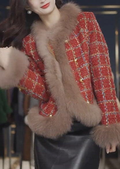 Red Fur Collar Plaid Patchwork Woolen Coats Spring
