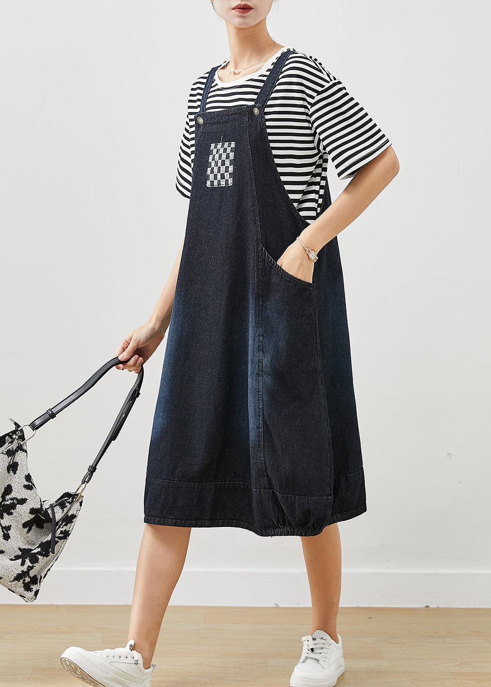 Navy Oversized Striped Cotton Two Pieces Set Summer