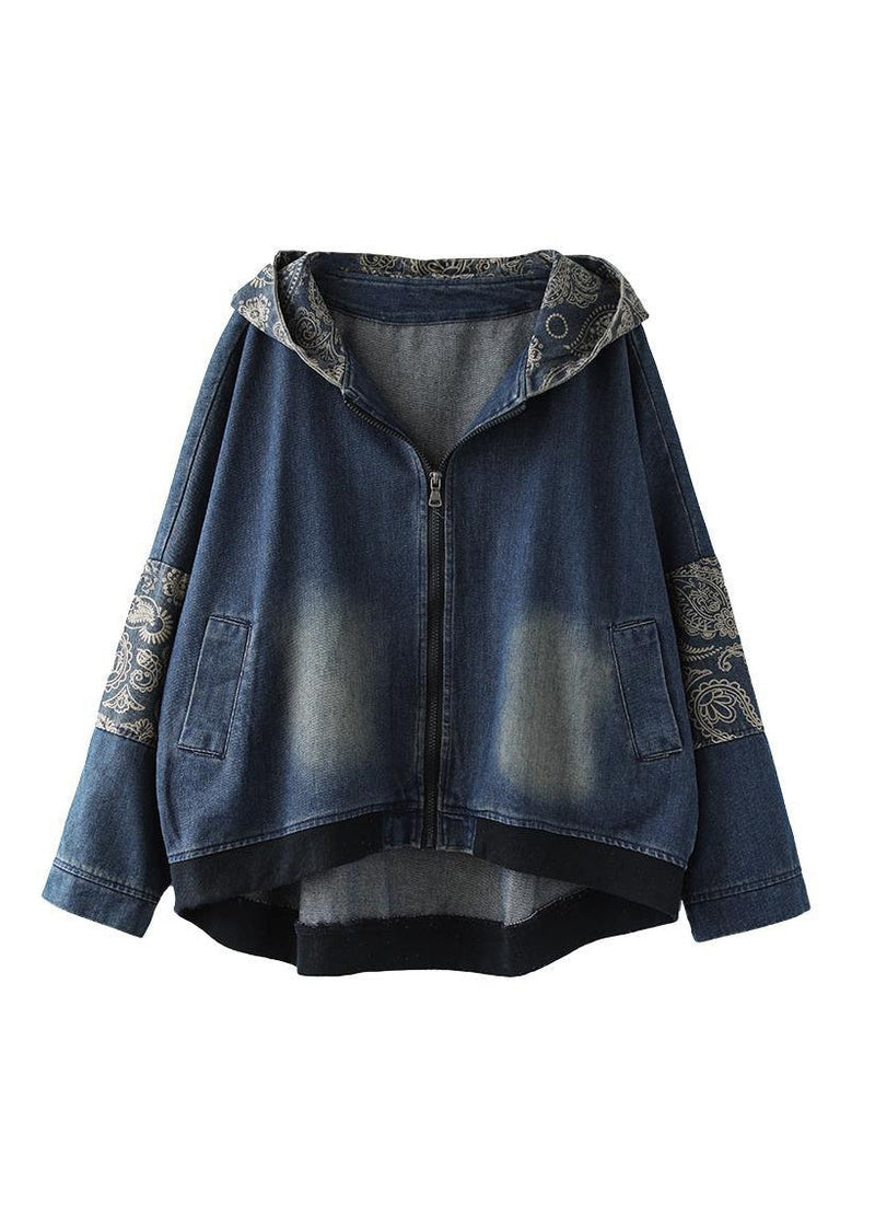 Blue V Neck Print Patchwork Zippered Cotton Denim Coat Long Sleeve