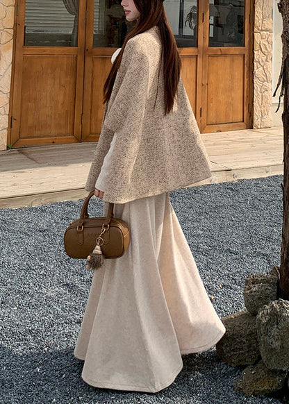 Original Oatmeal Bow Cape Coat and Dress Cotton Two Pieces Set Fall