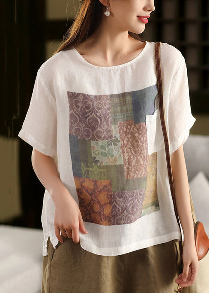 Skin Pink O Neck Print Pockets Linen T Shirts Summe